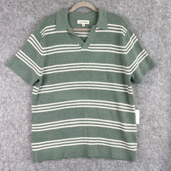 Lucky Brand Johnny Collar Polo Sweater Mens XL Green Striped Knit Retro NWT - Picture 3 of 14